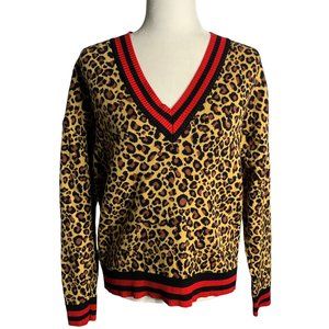 Asos Leopard Print V Neck Sweater 4 Brown Ribbed Knit Sport Trim Long Sleeves
